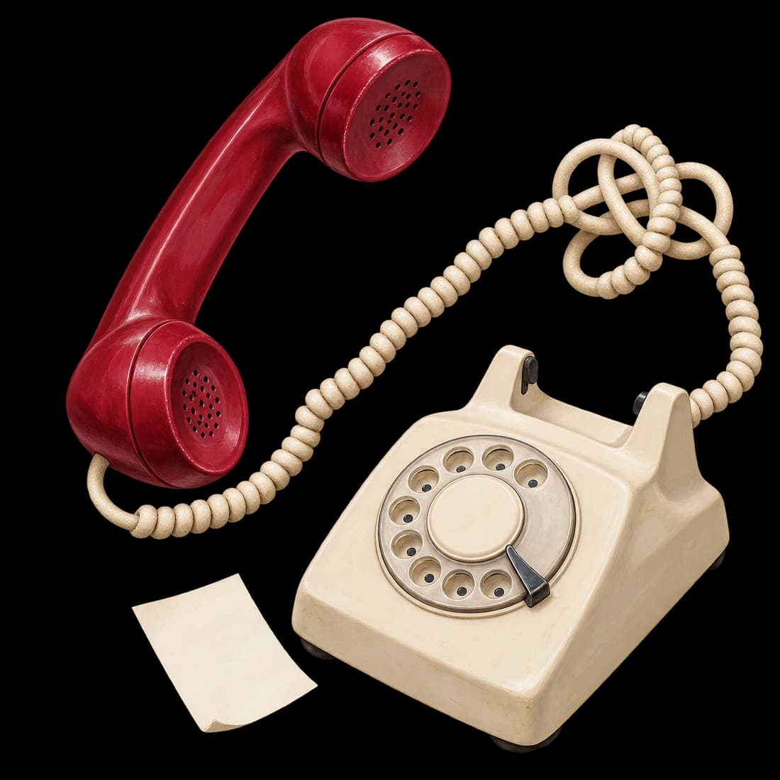 Kordonu birbirine dolanmış vişne renkli bir telefon